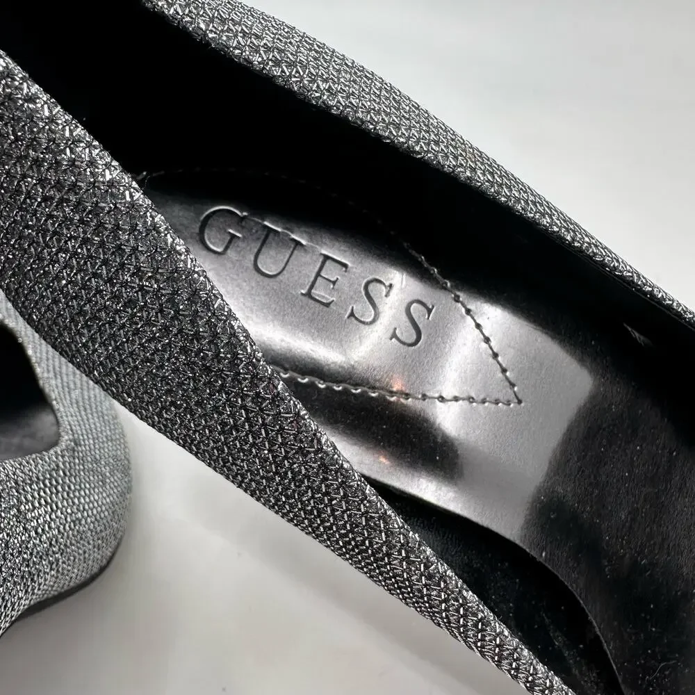 Guess Pointed Toe Glitter Pumps Womens 8 1/2 M Silver Dressy High Heels Office